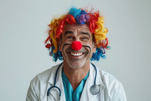 A cheerful doctor in a white coat with a stethoscope put on a colored wig and a red clown nose celebrating April Fools Day. A joke and prank on April 1. Copy space photo