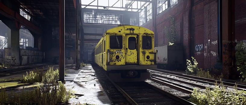 Yellow train in derelict depot photo