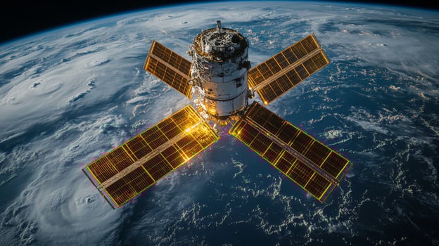 A satellite orbits Earth, gathering telemetry and monitoring cosmic radiation. Solar panels reflect light while the spacecraft facilitates advanced astrophysics research from space. photo