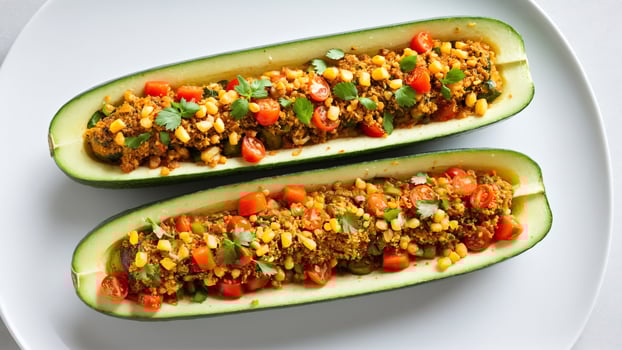 Two stuffed zucchini boats with corn and tomatoes photo