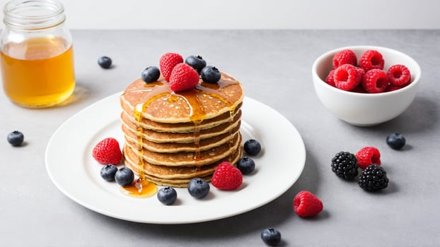 Pancakes with berries and syrup on a white plate photo