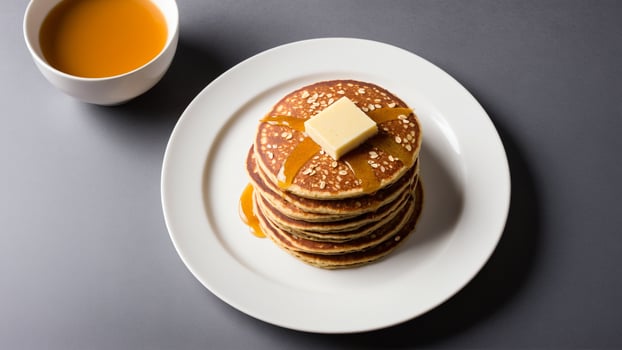 A stack of pancakes with butter and syrup on top photo