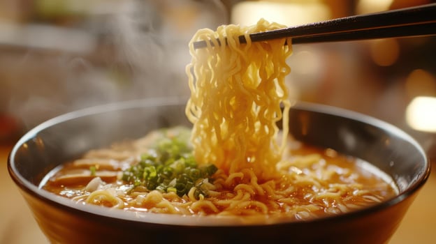 A bowl of steaming hot ramen noodles photo