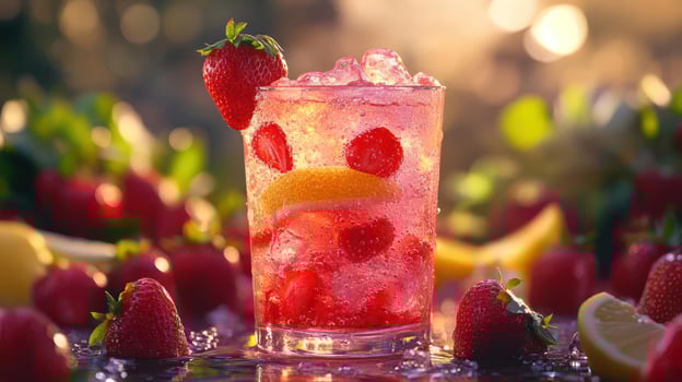 refreshing strawberry lemonade with ice and fruit photo