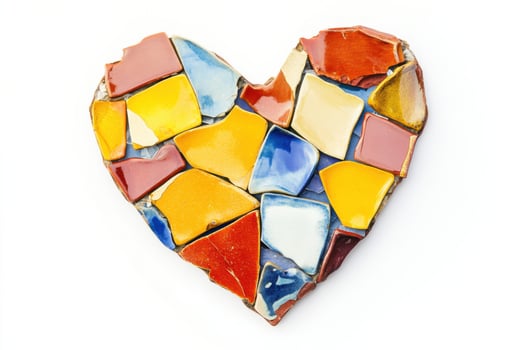 Heart-shaped arrangement of colorful pottery shards evokes love and creativity for Valentines Day decoration photo