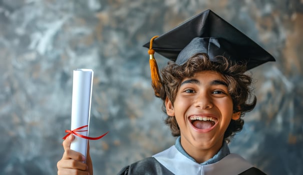Excited young male graduate celebrating with his diploma, wearing a black graduation cap and gown, against a textured backdrop. photo