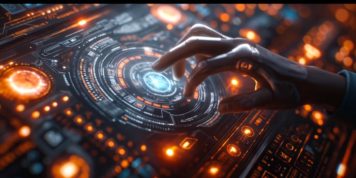 A futuristic robotic hand interacts with a glowing digital interface, showcasing advanced technology and innovation. photo