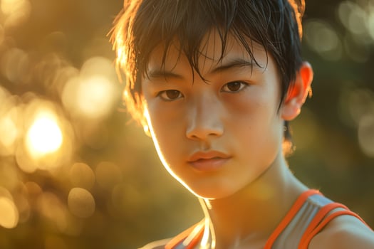 A focused young Asian boy with tousled hair gazing intensely, captured against a warm, glowing background. photo
