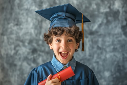 Excited young boy in a graduation cap and gown, joyfully holding his diploma. photo