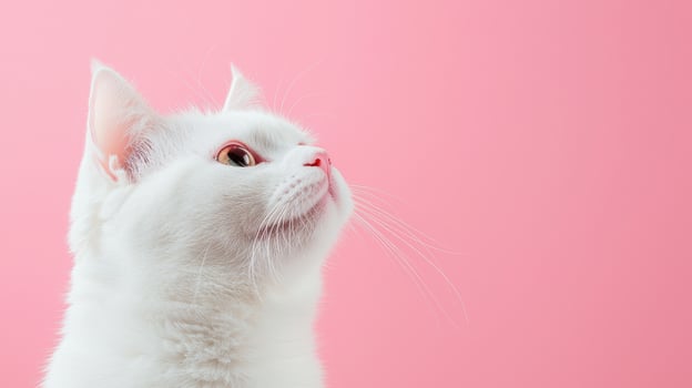 White cat profile against pink background cute animal portrait indoor close-up whimsical concept photo