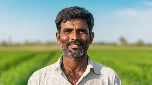 Smiling farmer in lush green fields rural agriculture portrait photography vibrant background photo