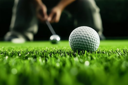 Golf ball on green with player preparing to putt photo