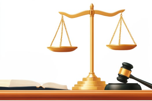 Golden Scales of Justice on a Wooden Judges Desk with Law Book and Gavel Symbolizing Fairness and Legal Authority photo