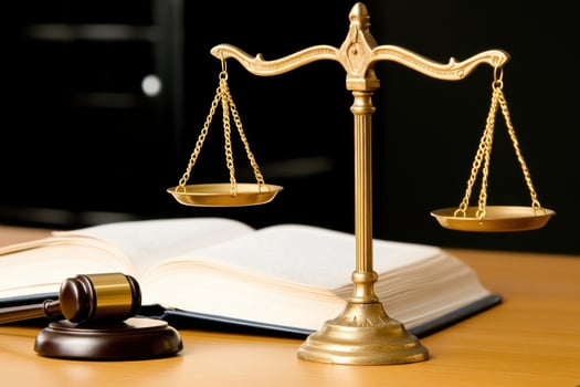 Golden scales of justice on a wooden judges desk with an open law book and gavel representing legal authority and fairness photo