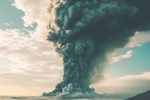 Volcanic eruption rises over ocean waves. photo