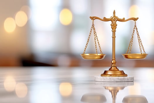 Elegant golden justice scales in perfect balance on a marble surface with a blurred courtroom background showcasing a solemn atmosphere photo