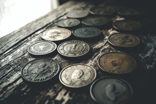 Collecting vintage coins on aged wooden table. photo