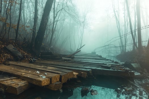 Misty fog shrouds an old wooden path photo
