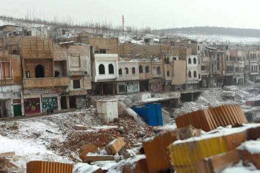 Desolate buildings under a gray winter sky. photo