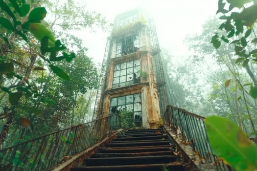 Misty forest with an overgrown tower. AI art photo
