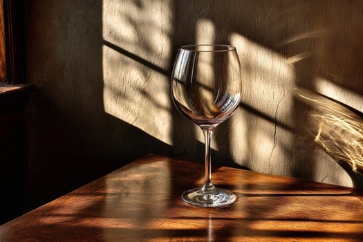 Glass reflecting warm sunlight in cozy room. photo