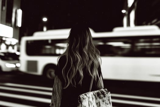 Urban night walk with a flowing mane and city lights. photo