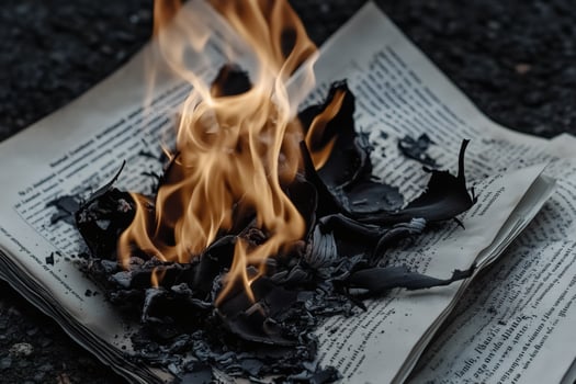 Burning pages evoke memories of lost stories. photo