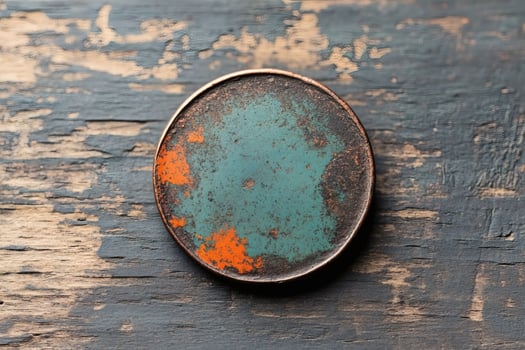 Rusty coin resting on an aged wooden surface. photo
