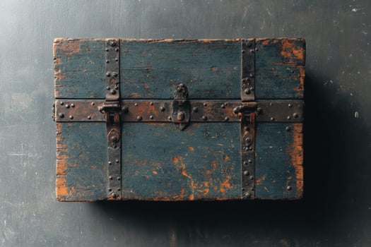 Weathered treasure chest resting on a dark surface. photo