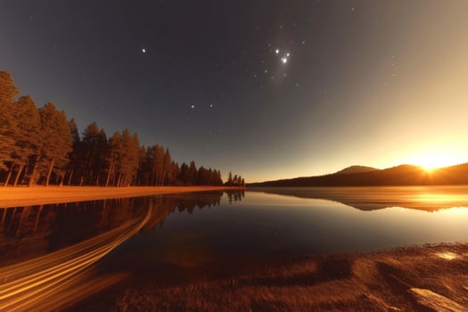 Reflective tranquility at dusk by the serene lake. photo