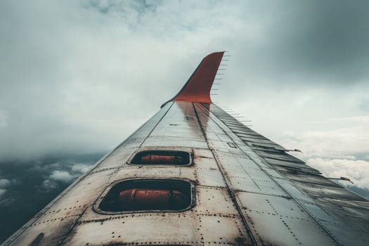 Captivating view from an airplane wing high above clouds. photo