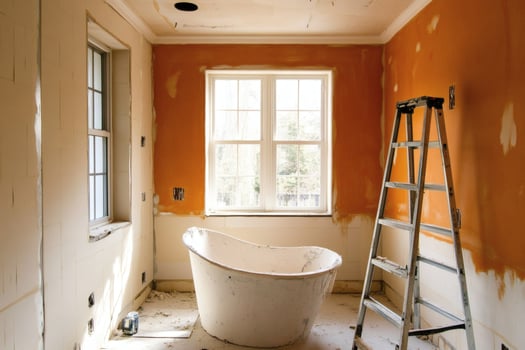 Cozy bathroom renovation with a vibrant orange touch. photo