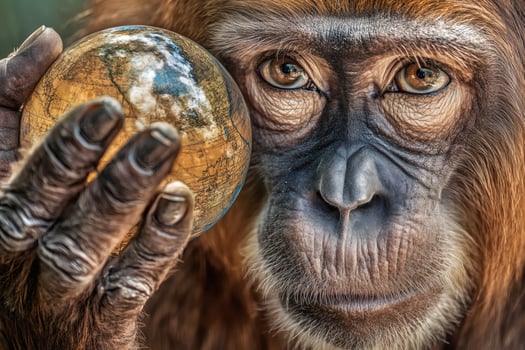 Orangutan reflects on the world with a glass globe. photo