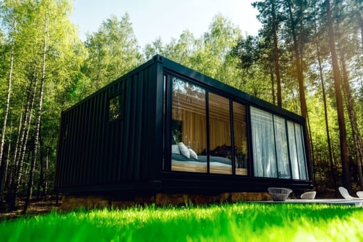Modern eco-friendly container house nestled in serene woods. photo