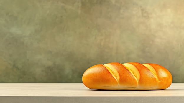 Loaf of bread on wooden surface on gray background, with copy space photo