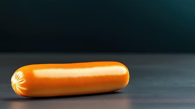 Glistening sausage resting on dark surface, their smooth skin reflecting light, with copy space photo