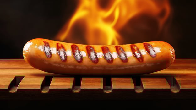 Sizzling grilled sausage showcasing grill marks, on wooden surface photo