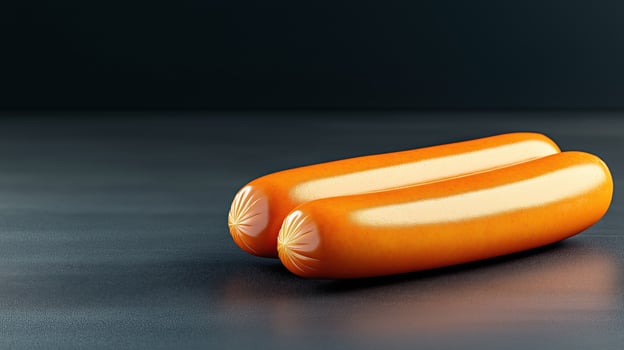 Glistening sausages resting on dark surface, their smooth skin reflecting light, with copy space photo