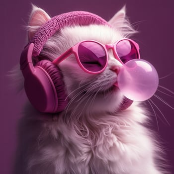 White cat wearing pink headphones and sunglasses blowing bubble gum photo
