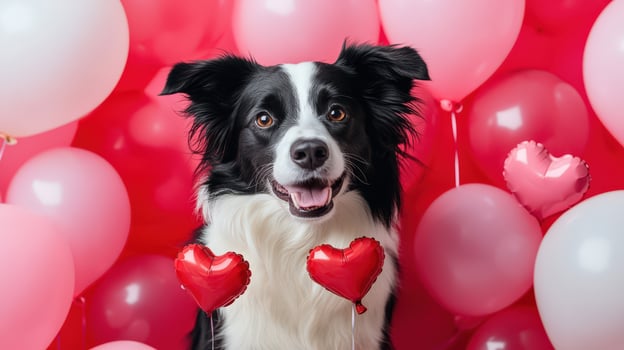 A black and white dog with red hearts photo