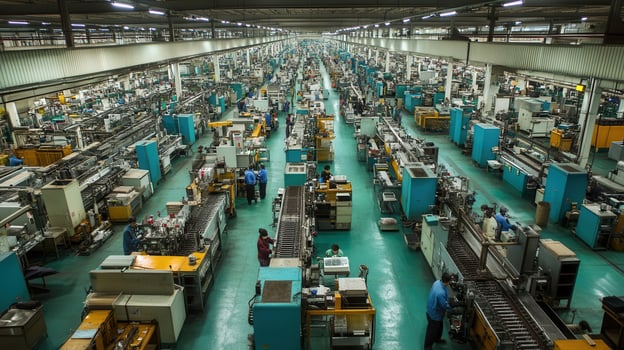 A vast industrial factory floor with numerous workstations and employees engaged in production photo