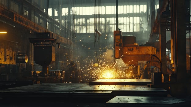 A dimly lit industrial scene with sparks flying from machinery, showcasing metalwork. photo