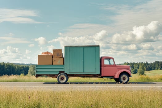 A vintage truck loaded with boxes parked by a scenic roadside under a blue sky. photo