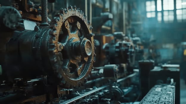A close-up of an industrial machine with gears, showcasing rust and age in a factory setting photo