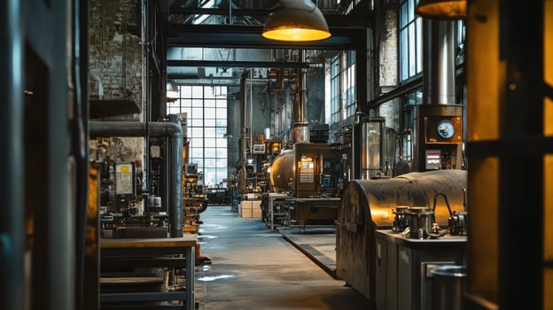A spacious industrial workshop filled with machinery and tools for manufacturing processes photo