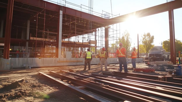Construction site with workers discussing project amidst steel beams and scaffolding photo