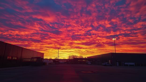 A vibrant sunset casts colorful hues over industrial buildings and a clear sky. photo