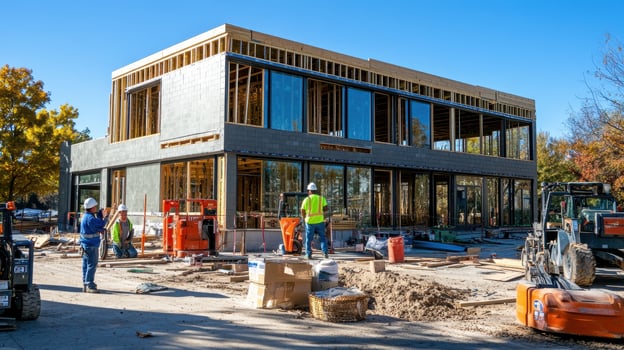 Construction site of a modern building with workers and equipment. photo