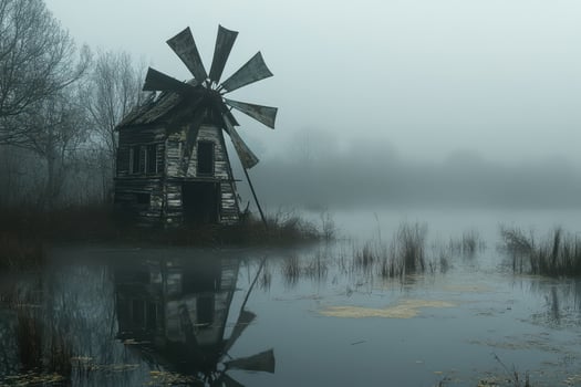 A windmill sits in the middle of a lake photo