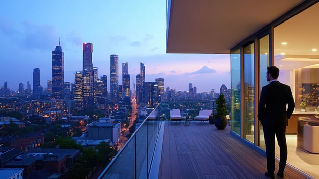 A man gazes at a city skyline from a modern balcony during twilight. photo